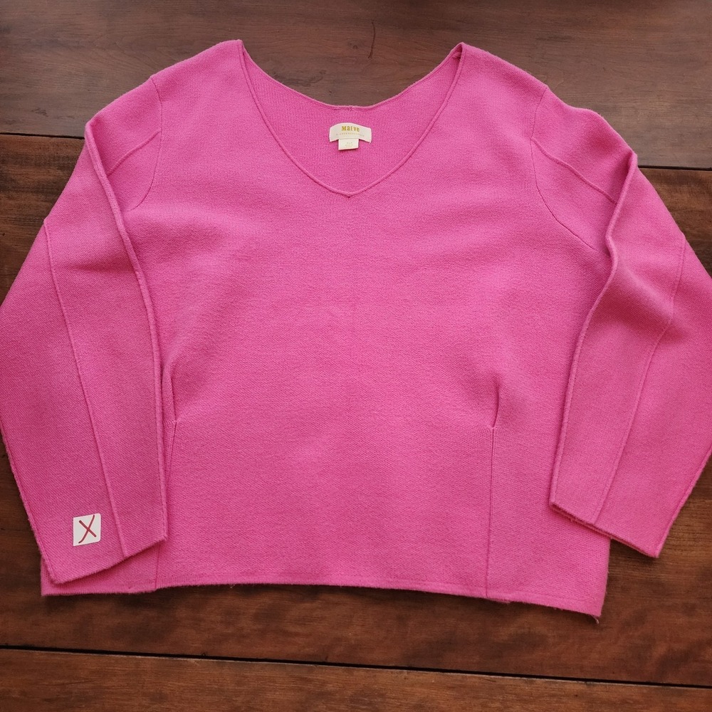 Anthropologie Maeve Pink Womens LS Sweater XL Petite Soft Stretch V Neck Pop